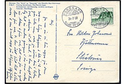 25+10 øre Nordkapp udg. på brevkort annulleret Nordkapp d. 24.7.1958 til Sverige.