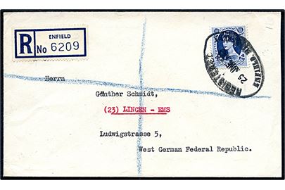 1/6 Sh. Elizabeth single på anbefalet brev fra Enfield d. 25.6.1958 til Lingen, Tyskland.