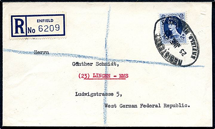 1/6 Sh. Elizabeth single på anbefalet brev fra Enfield d. 25.6.1958 til Lingen, Tyskland.
