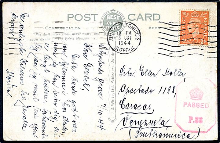 2d George VI på brevkort fra Bury St.-Edmunds d. 8.10.1944 til Caracas, Venezuela. Britisk censur P.88.