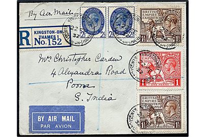 2½d Postal Congress (par), 1d, 1½d (2) Empire Exhibition 1924 på anbefalet luftpostbrev fra Kingston on Thames d. 22.2.1932 til Poona, Indien. 