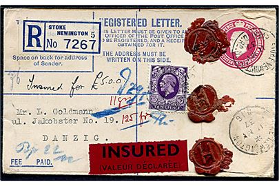 4½d George V anbefalet helsagskuvert opfrankeret med 3d George V sendt som værdibrev fra Stoke Newington d. 11.5.1937 til Fristaden Danzig, Usædvanlig destination.