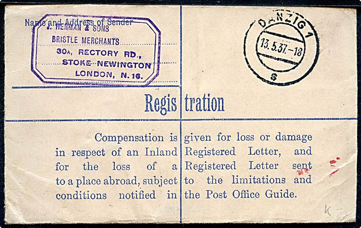 4½d George V anbefalet helsagskuvert opfrankeret med 3d George V sendt som værdibrev fra Stoke Newington d. 11.5.1937 til Fristaden Danzig, Usædvanlig destination.