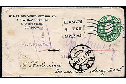 ½d George V helsags-tryksags kuvert fra Glasgow d. 23.9.1914 til Omsk, Sibirien - eftersendt til Tobolsk. Flere transit stempler. 
