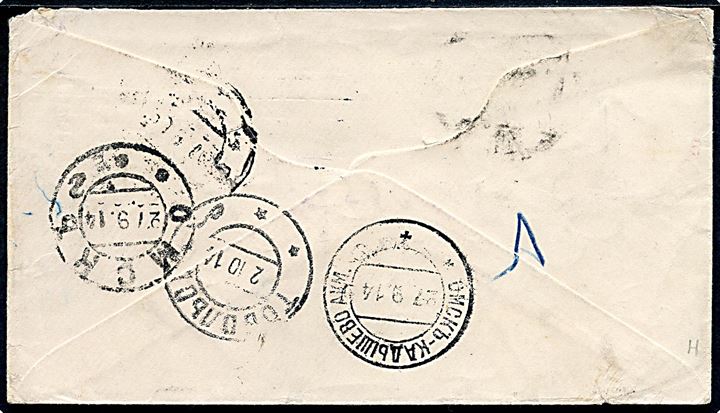 ½d George V helsags-tryksags kuvert fra Glasgow d. 23.9.1914 til Omsk, Sibirien - eftersendt til Tobolsk. Flere transit stempler. 