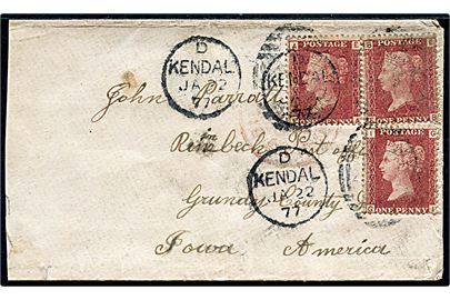1d (3) Victoria på brev fra Kendal d. 22.1.1877 til Reinbeck Post Office, Grundy County, Iowa, USA. 