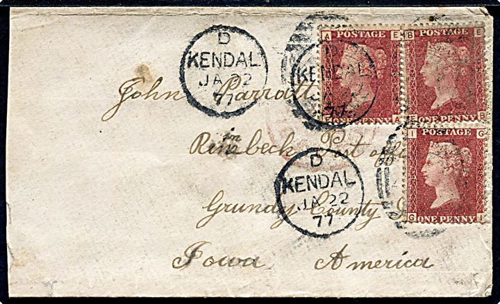 1d (3) Victoria på brev fra Kendal d. 22.1.1877 til Reinbeck Post Office, Grundy County, Iowa, USA. 