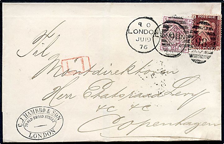 1d og 2½d Victoria på sent indleveret brev med rammestempel L1 (= 1d Late Fee) fra London d. 19.6.1876 til København, Danmark.