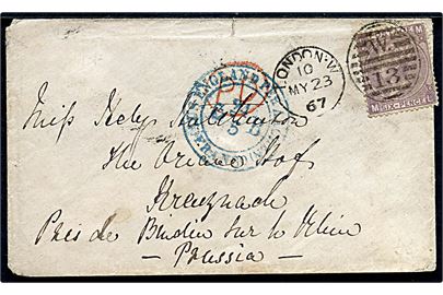 6d Victoria single på brev fra London d. 23.5.1867 til Kreuznach, Preussen. Ovalt PD stempel og svagt grænsestempel (Aus England per Aachen) Franco d. 24.5.1867.