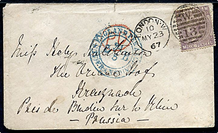 6d Victoria single på brev fra London d. 23.5.1867 til Kreuznach, Preussen. Ovalt PD stempel og svagt grænsestempel (Aus England per Aachen) Franco d. 24.5.1867.