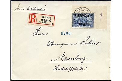2 F. 50 Cent Belgien/2 mk. Provisorium single på filatelistisk anbefalet brev fra Verviers 1917 til Nürnberg, Tyskland.