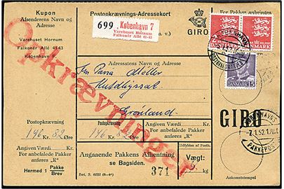 15 Fr. IX og 2 kr. Rigsvåben (par) på adressekort for pakke med postopkrævning stemplet København Postbanegaarden d. 5.1.1952 til Kutdligssat, Grønland.