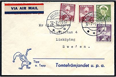 5 øre (2), 10 øre Chr. X og 10 øre Fr. IX på luftpostbrev fra Julianehaab d. 17.7.1952 til Linköping, Sverige.