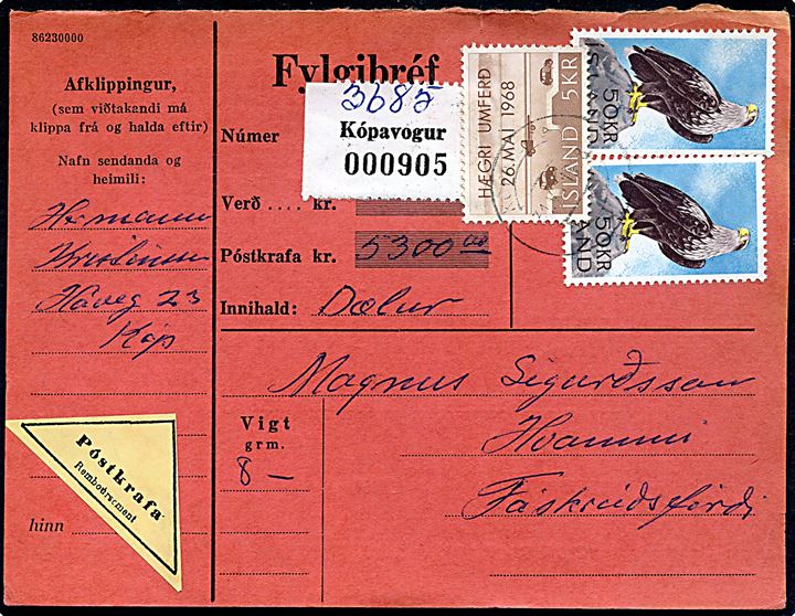 5 kr. Højrekørsel og 50 kr. Havørn i parstykke på adressekort for pakke med postopkrævning fra Kopavogur d. 31.7.1968.