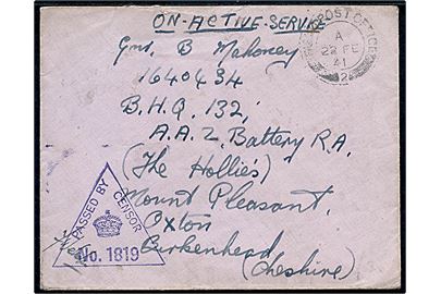 Ufrankeret britisk OAS feltpostbrev stemplet Field Post Office 2 (= Reykjavik) d. 22.2.1941 til soldat ved militæradresse i England. Unit censur no. 1819.