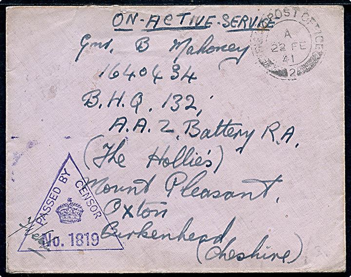 Ufrankeret britisk OAS feltpostbrev stemplet Field Post Office 2 (= Reykjavik) d. 22.2.1941 til soldat ved militæradresse i England. Unit censur no. 1819.