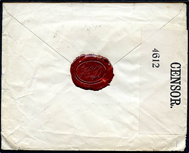 5 aur og 15 aur To Konger på brev annulleret med svagt stempel under 1. verdenskrig til København, Danmark. Åbnet af britisk censur no. 4612,