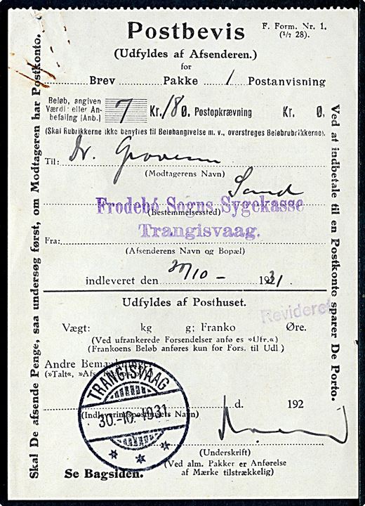 Postbevis - F. Form. Nr. 1 (1/7 28) - med brotype Ig Trangisvaag d. 30.10.1931 for afsendelse af postanvisning til Sand.