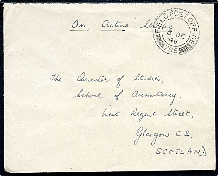 Ufrankeret OAS feltpostbrev stemplet Field Post Office 786 (= Oslo, Norge) d. 6.10.1945 til Glasgow, Scotland.