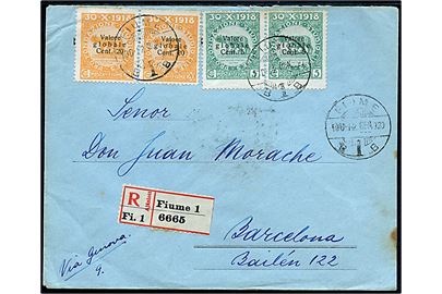5 c. (2) og 20 c. (2) Valore globale Provisorium på anbefalet brev fra Fiume d. 12.1.1920 til Barcelona, Spanien. 