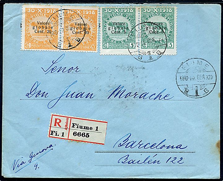 5 c. (2) og 20 c. (2) Valore globale Provisorium på anbefalet brev fra Fiume d. 12.1.1920 til Barcelona, Spanien. 