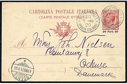20 para/10 c. helsagsbrevkort stemplet Constantinopoli (Poste Italiane) d. 20.9.1909 til Odense, Danmark.