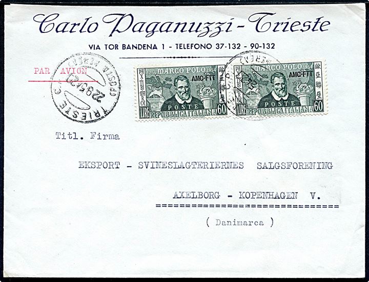 Triest Zone A: 60 l. Marco Polo AMG-FTT provisorium i parstykke på brev fra Trieste d. 22.9.1954 til Axelborg, København, Danmark.