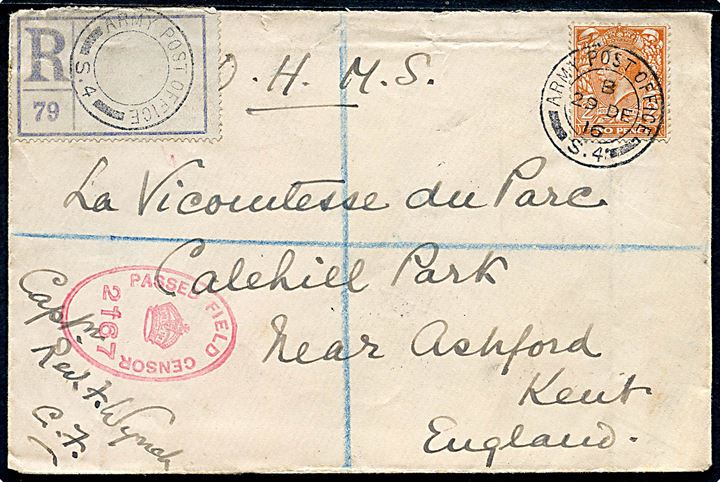 2d George V single på anbefalet feltpostbrev annulleret Army Post Office S. 4 (= Poperignghe, Belgium) d. 29.12.1916 via Army Post Office 4 (= Calais, Frankrig) og Folkestone til Ashford, England.
