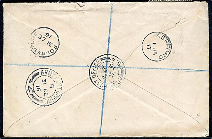 2d George V single på anbefalet feltpostbrev annulleret Army Post Office S. 4 (= Poperignghe, Belgium) d. 29.12.1916 via Army Post Office 4 (= Calais, Frankrig) og Folkestone til Ashford, England.