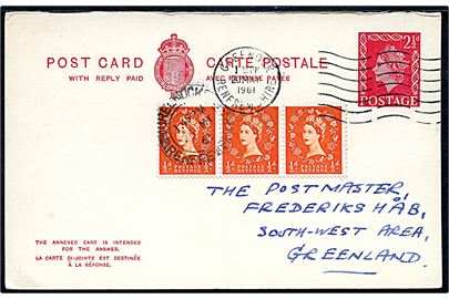 2½d Elizabeth spørgedel af dobbelt helsagsbrevkort opfrankeret med ½d Elizabeth (3) fra Greenock d. 20.5.1961 til Frederikshaab, Grønland.