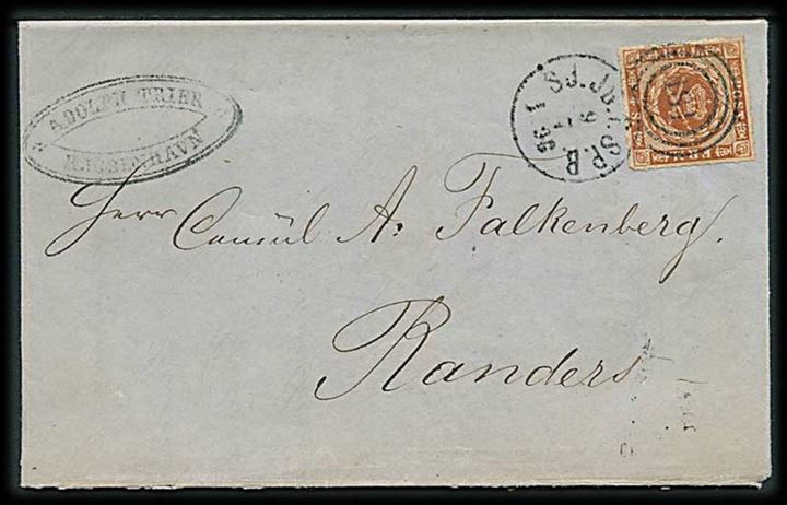 4 sk. stukken kant på brev fra Kjøbenhavn annulleret med kombineret nr.stempel 181/SJ.JB.P.SP.B. d. 9.7.1863 til Randers.
