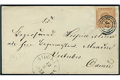 4 R.B.S. Thiele III gråbrun med bred rand på brev annulleret med nr.stempel “42” og sidestemplet antiqua Middelfart d. 13.6.1855 til Odense.