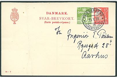 15+5 øre svardel af provisorisk dobbeltbrevkort (fabr. 84-Y) annulleret Triesenberg (Liechtenstein) d. 13.5. 1939 til Aarhus, Danmark. Meget sjælden anvendelse fra Liechtenstein. Lodret fold.