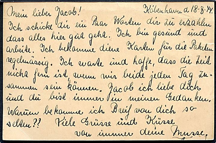 Ufrankeret brevkort dateret København d. 18.8.1944 til dansk jødisk fange Jacob Donde i KZ-lejr Theresienstadt sendt via Dansk Røde Kors d. 24.8.1944. Ingen tegn på censur.