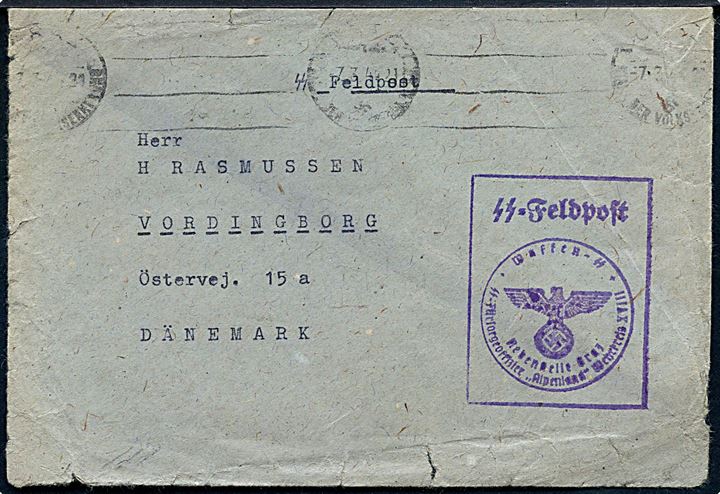 SS-Feltpostbrev fra Graz d. 7.3.1944 til Vordingborg. Fra dansk SS-Uscha Hansen på “Hotel Deutscher Bund” med  tydeligt Briefstempel: “SS-Fürsorgeoffizier “Alpenland” Wehrkreis XVIII / Nebenstelle Graz”. Åbnet af SS-feldpostcensur.