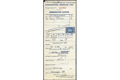 Amerikansk $5 stempelmærke med perfin “SAL” på Embarkation Coupon fra Scandinavian - American Line i Chicago d. 30.6.1924 for passager med S/S “Frederik VIII” fra New York d. 8.7.1924 til København.