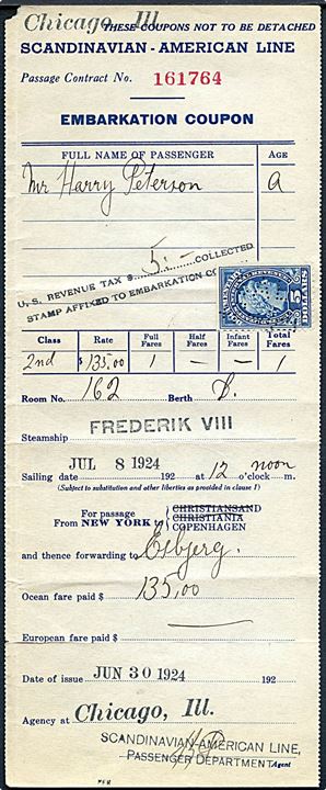 Amerikansk $5 stempelmærke med perfin “SAL” på Embarkation Coupon fra Scandinavian - American Line i Chicago d. 30.6.1924 for passager med S/S “Frederik VIII” fra New York d. 8.7.1924 til København.