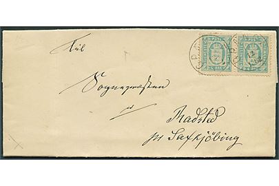4 øre Tjenestemærke i vandret par på brev annulleret med lapidar VI Grænge d. 12.12.1882 til Saxkjøbing.