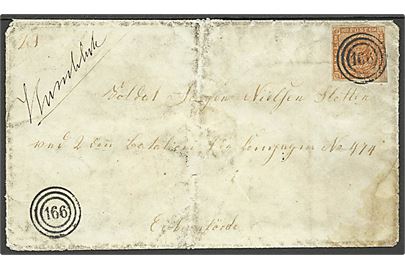 4 sk. 1858 udg. 1. tryk på brev annulleret med nr.stempel “166” og håndskrevet bynavn Humlebæk til soldat ved 2. Batallion i Eckernförde i Slesvig. Nusset.