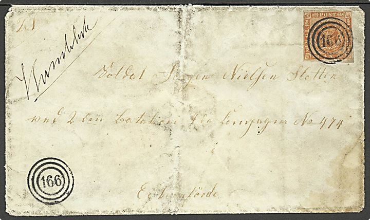 4 sk. 1858 udg. 1. tryk på brev annulleret med nr.stempel “166” og håndskrevet bynavn Humlebæk til soldat ved 2. Batallion i Eckernförde i Slesvig. Nusset.