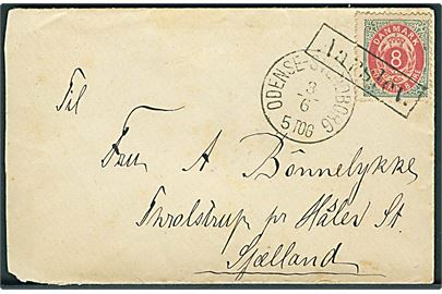 8 øre Tofarvet på brev fra Søby Søgaard annulleret med rammestempel Aarslev og sidestemplet lapidar Odense - Svendborg d. 3.6. ca. 1885 til Haslev. 