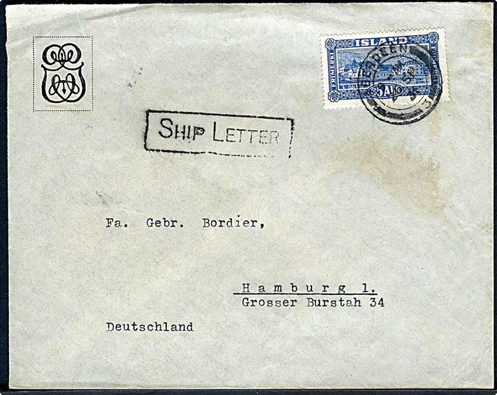 35 aur Landskab på skibsbrev fra Reykjavik annulleret med skotsk stempel i Aberdeen d. 26.9.1931 og sidestemplet “Ship Letter” til Hamburg, Tyskland.