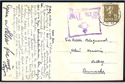 15 øre Løve på brevkort (Holmenkollen) annulleret Oslo d. 20.6. ca. 1932 og sidestemplet “(krone/posthorn) / Fra Tog” til Aalborg, Danmark.