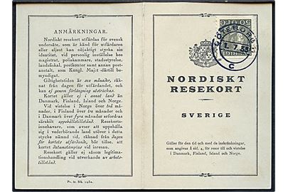 50 öre Gustaf på Nordisk Resekort udstedt i Göteborg d. 1.7.1933. Norsk rammestempel fra Passkontrollen på Kongsvingerbanen d. 2.7.1933.