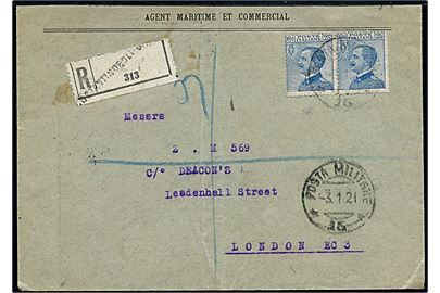 Italiensk 25 c. i parstykke på anbefalet brev fra Constantinople annulleret med feltpost stempel Posta Militare 15 d. 3.1.1921 til London, England.