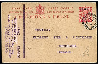 1d George V LEVANT provisorisk helsagsbrevkort annulleret British Post Office Constantinople d. 14.11.1913 til København, Danmark.