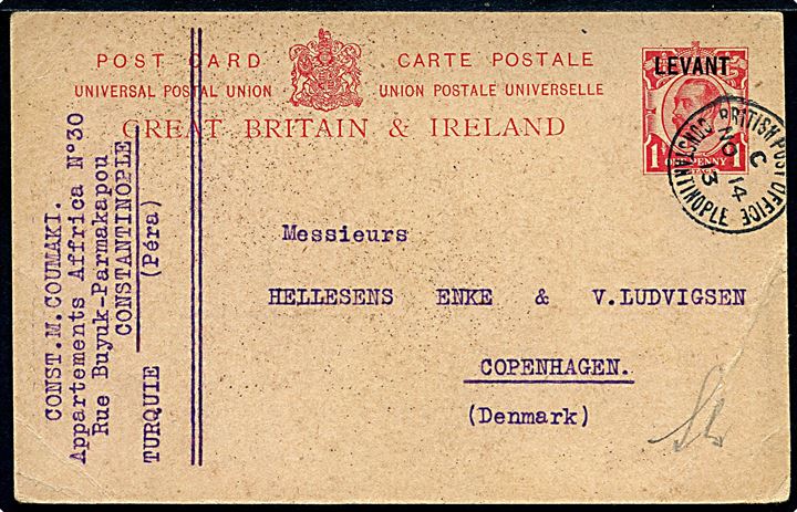 1d George V LEVANT provisorisk helsagsbrevkort annulleret British Post Office Constantinople d. 14.11.1913 til København, Danmark.