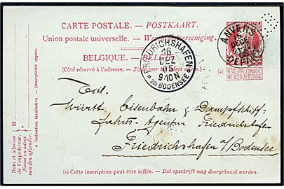 10 c. helsagsbrevkort med perfin SB fra firma Societe Anonyme Badoise i Anvers d. 15.12.1905 til Friedrichshafen, Tyskland.