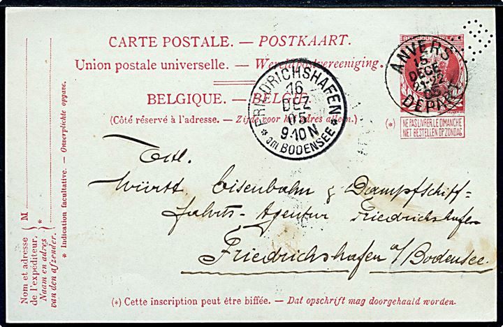 10 c. helsagsbrevkort med perfin SB fra firma Societe Anonyme Badoise i Anvers d. 15.12.1905 til Friedrichshafen, Tyskland.