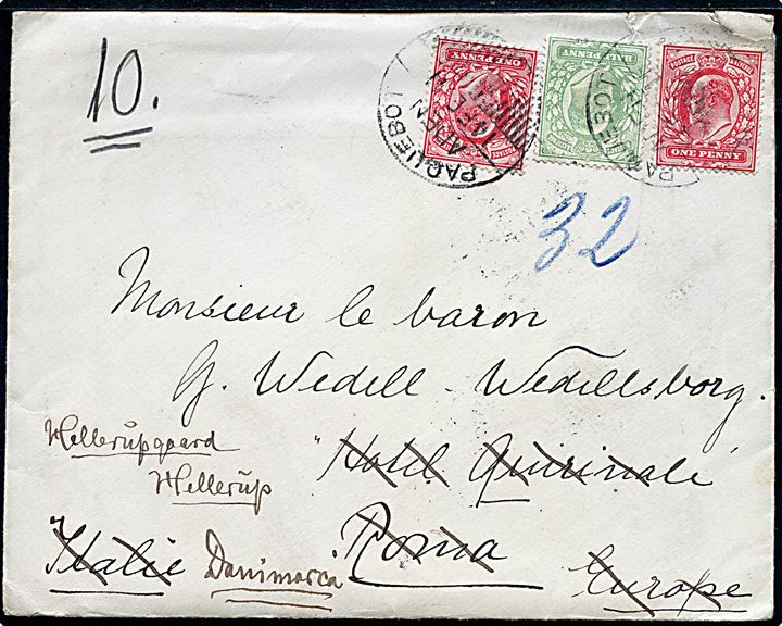 ½d og 1d (2) Edward VII på rederikuvert med indhold skrevet ombord på S/S Moldavia i det Røde Hav annulleret Paquebot Aden d. 14.2.1911 til Rom, Italien - eftersendt til Hellerup, Danmark.